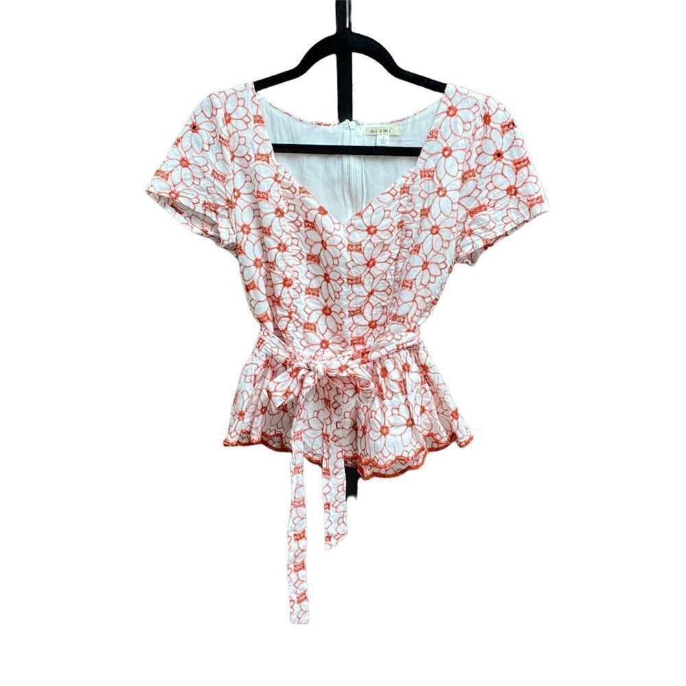 Miami Red & White Embroidered Peplum Top Size Small